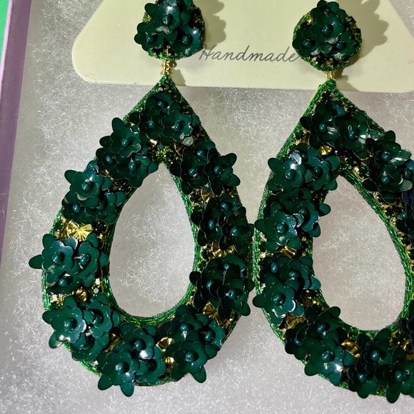 NWT Deepa Gurnani Anthro Beaded Crystal Flower Statement Earrings Forest Green - Picture 11 of 14